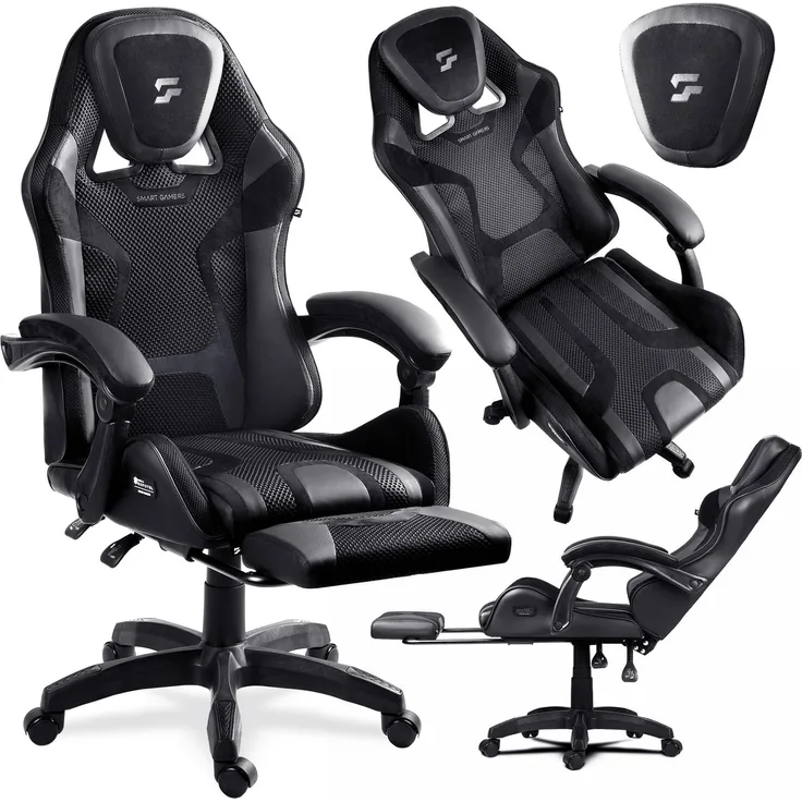 Sofotel Gaming Stuhl - Ergonomischer Bürostuhl mit Fußstütze für Gamer - Verstellbarer Schreibtischstuhl für Home-Office und Gaming-Zimmer - 120 kg - Schwarz