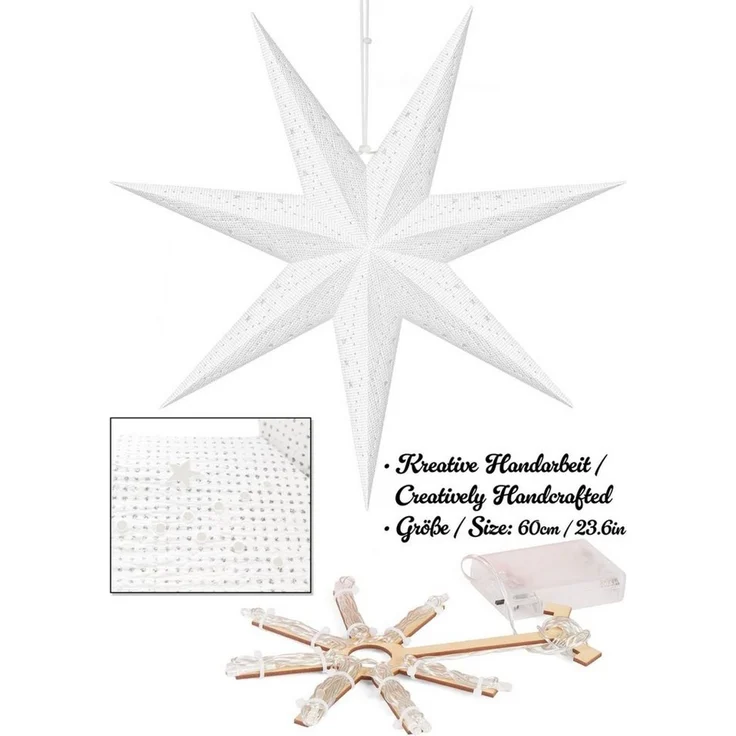 BRUBAKER 3D Weihnachtsstern zum Aufhängen - LED Papierstern mit Timer - 60 cm Adventsstern mit modernem Muster - Batteriebetrieben und Beleuchtet - Weihnachten Deko Leuchtstern für Fenster - Weiß – Bild 2