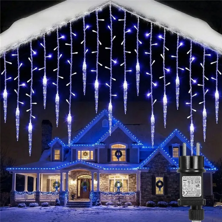 SERBASIC Lichterkette LED Eisregen Lichtervorhang, Timer, 8 Modi, Anschließbar, 31V, Lichtervorhang für Weihnachten Außen Terrasse