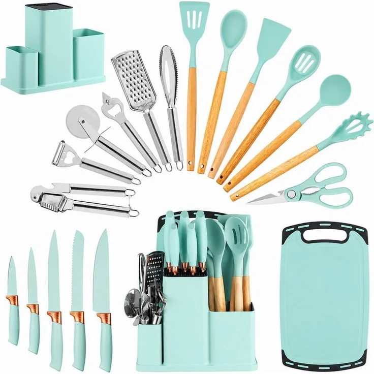 Diyarts Kochbesteck-Set (für beschichtete Pfannen, inklusive Kochmesser, Beige 23-teilig, Grün, Weiß und Schwarz je 20-teilig), Schonende Silikon-Küchenhelfer mit Holzgriffen & Messer im Set