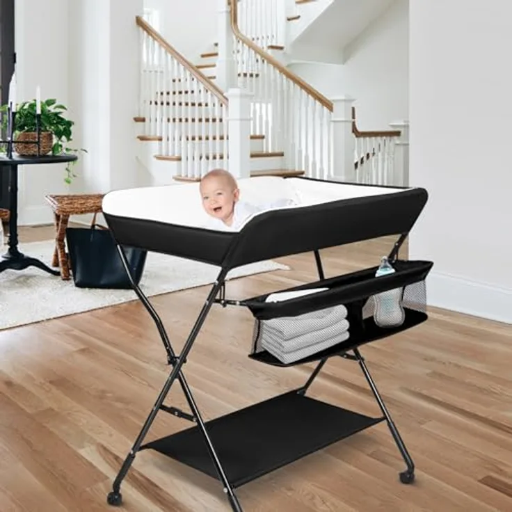 Wickeltisch - höhenverstellbare Wickelkommode für Unterwegs, hochwertige Stoffqualität, Klappwickeltisch mit Rollen und Stauraum, Reisewickelkommode Mit Rollen-86 * 62 * 96 cm-schwarz