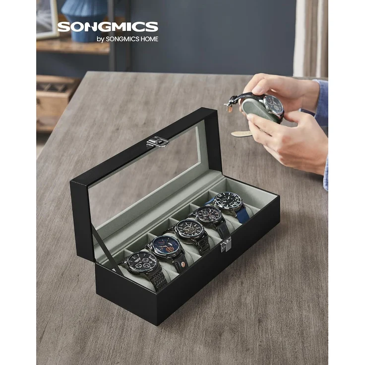 Songmics Uhrenbox für 6 Uhren, Uhrenkasten mit Glasdeckel, Uhrenkissen aus Samt, Uhrenkoffer mit Schloss, 11,2 x 30 x 8 cm, Geschenkidee, PU-Bezug in Schwarz, Samtfutter in Grau JWB06BK – Bild 2