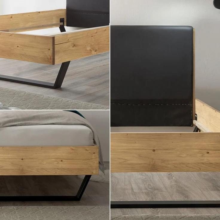 KEKE Modernes Massivholzbett 180x200 - Komfortables Balkenbett aus massiver Fichte mit Metallkufen - 186 x 97 x 215 cm (B/H/T) – Bild 6
