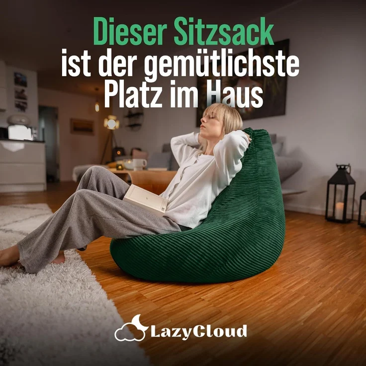 LazyCloud Sitzsack für Erwachsene mit integrierter [Nackenstütze] Cord | XXL Indoor Bean Bag mit Füllung | perfekt als Chill-, Lese- oder Gaming Sessel (90 x 80 x 70 cm) (Dunkelgrün) – Bild 2
