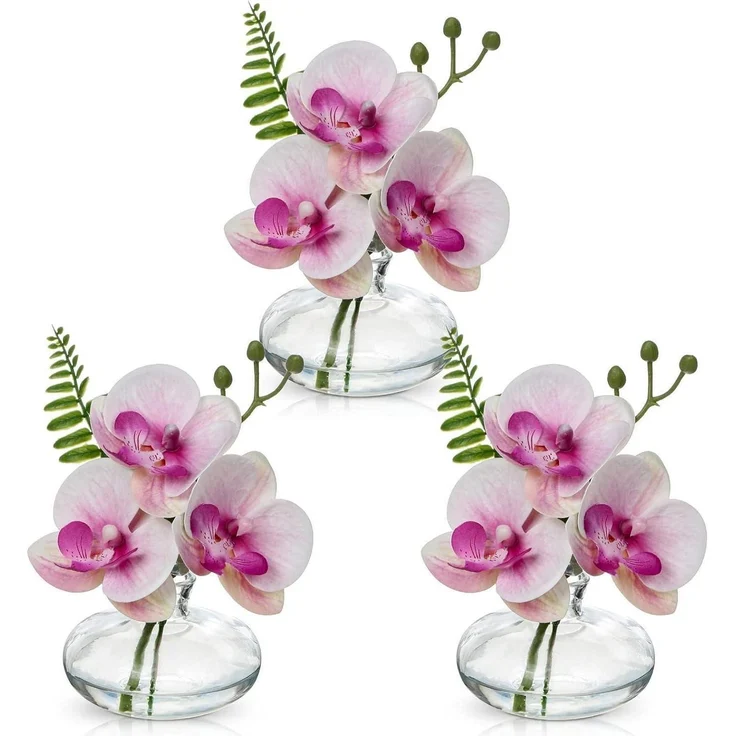 Künstliche Orchideen Kunstblumen 3er Set Deko mit Glasvase Bad Büro Wohnzimmer – Bild 1