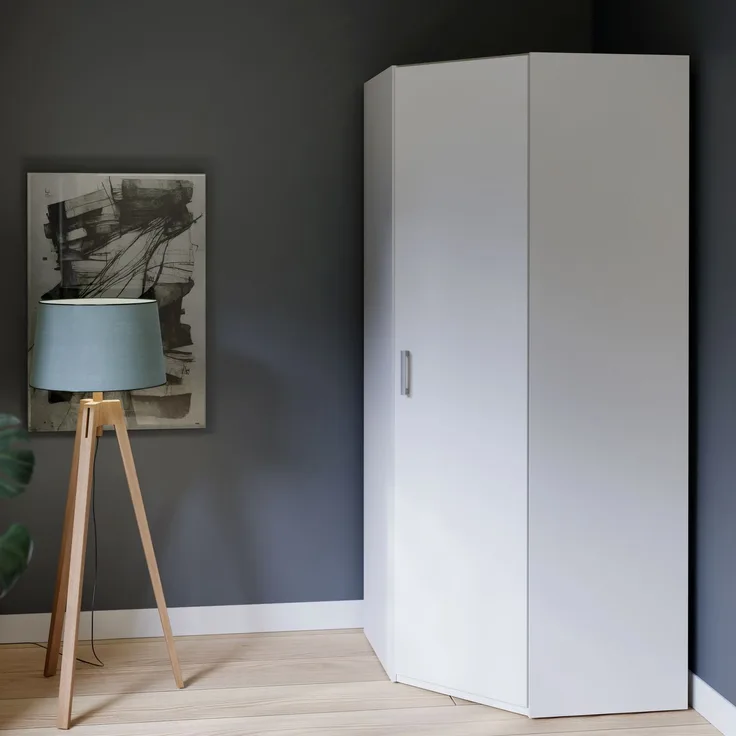 Forte ECONOBOX 2 Eckkleiderschrank 90, 1-türiger Drehtürenschrank, Holzwerkstoff, Weiß, 89,5 cm breit, 210,5 cm hoch, 89,4 cm tief