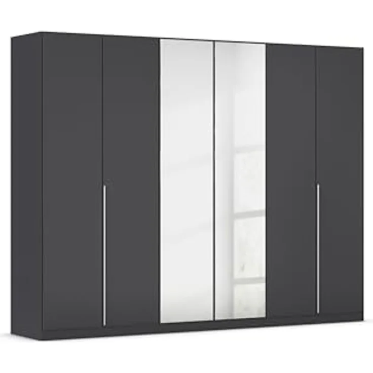 Rauch Möbel Alabama, Kleiderschrank für Schlafzimmer, Kinderzimmer, Wohnzimmer, Garderobe, Flur, 6-türig, Spiegel, mit Zubehör Basic, Farbe Grau metallic, Schwarz, Breite 271 cm