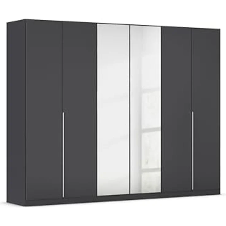 Rauch Möbel Alabama, Kleiderschrank für Schlafzimmer, Kinderzimmer, Wohnzimmer, Garderobe, Flur, 6-türig, Spiegel, mit Zubehör Basic, Farbe Grau metallic, Schwarz, Breite 271 cm – Bild 1