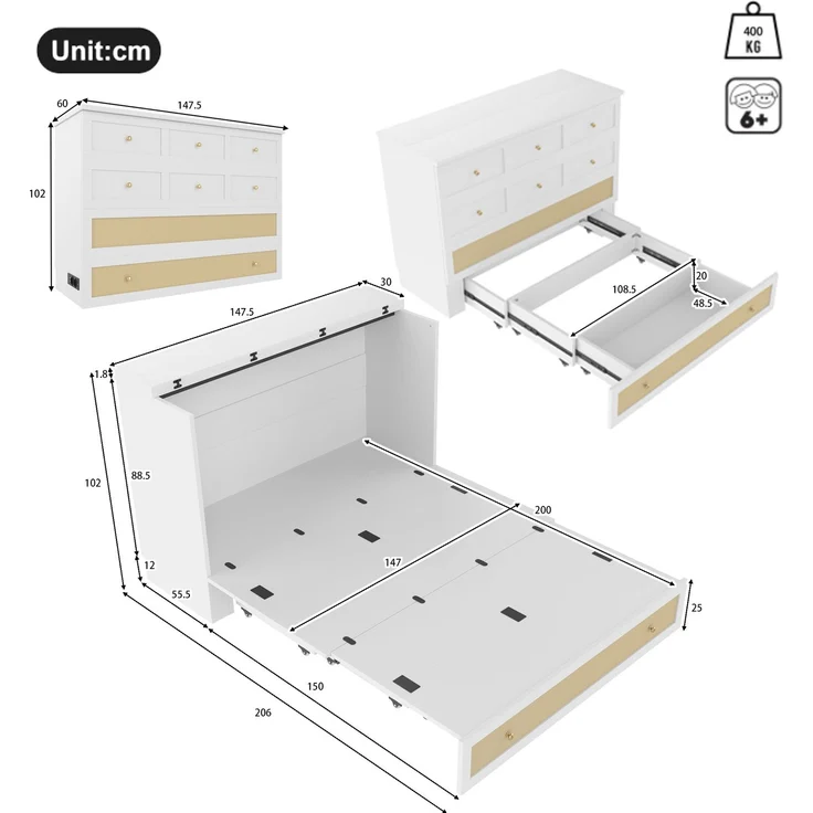 Schrankbett 140x200 cm mit USB-Anschluss und Steckdose,Weiß, MDF, umbaubares Plattformbett mit großem Stauraum, Klappbett – Bild 7