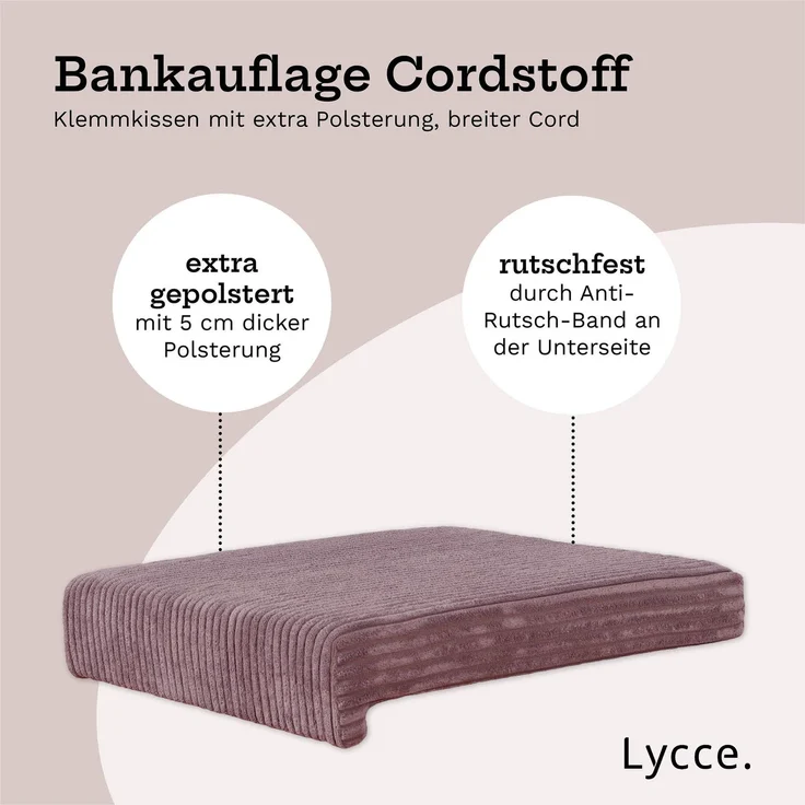 Lycce Bankauflage Klemmkissen mit Leiste - Cord, Polsterung, rutschfest Altrosa 8x40x38cm – Bild 3