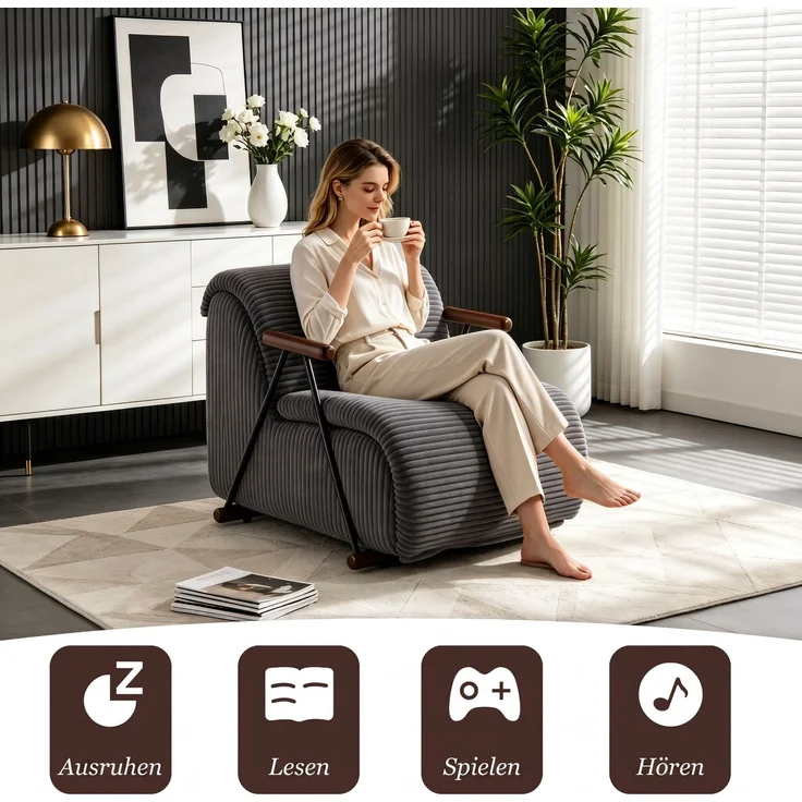 LVHOM Relaxsessel mit Lattenrost, ergonomischer Fernsehsessel, gepolsterter Loungesessel mit Armlehnen, XXL Lesesessel für Wohn- und Schlafzimmer, Cord Grau – Bild 7