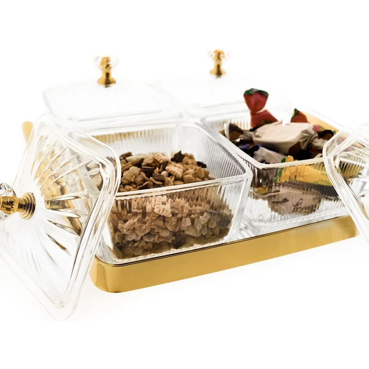 9 Teiliges Snackschalen-Set aus Glas mit goldenem Serviertablett & Knaufdeckel – Bild 2