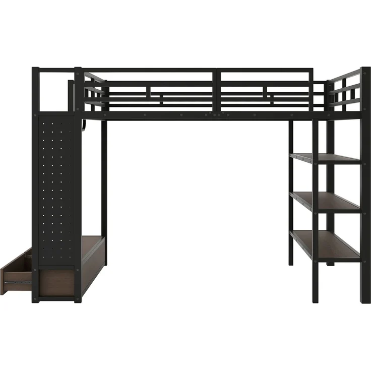 Merax Hochbett, 140x200 cm, Doppelbett, mit offenem Kleiderschrank, mit Ablagefächern, Lochwand und LED-Beleuchtung, schwarz – Bild 7