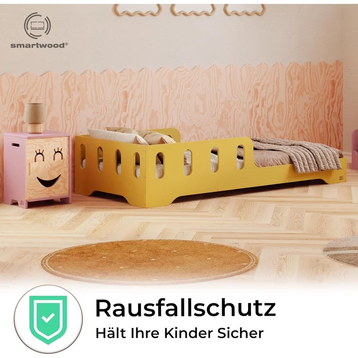 smartwood Kinderbett 80x160 cm in Gelb - Montessori Bodenbett mit Rausfallschutz & Lattenrost - Aus handbemaltem Sperrholz - Sicher für Jungen und Mädchen - Einfache Montage - TILA 6 – Bild 6