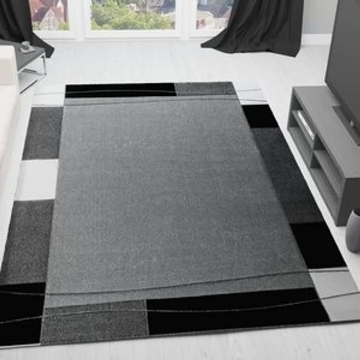 Vimoda Teppich Teppichwohnzimmer Grau Klassiker Kurzflor dicht gewebt, Rechteckig, Höhe: 13 mm, Teppich mit Bordürenmotiv grau weiß schwarz und Konturenschnitt – Bild 6