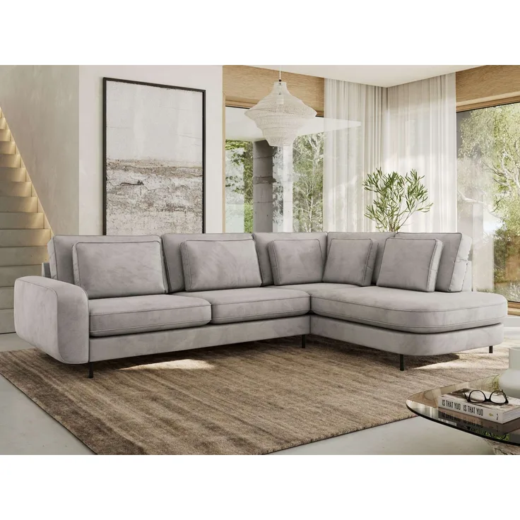 CALENO L-Form Ecksofa 317x225 cm, Massivholz-Rahmen & Wellenfedern, Sitzhöhe 51 cm, modernes Polstersofa rückenecht bezogen & freistehend - Hellgrau Velvet - Rechts Seite