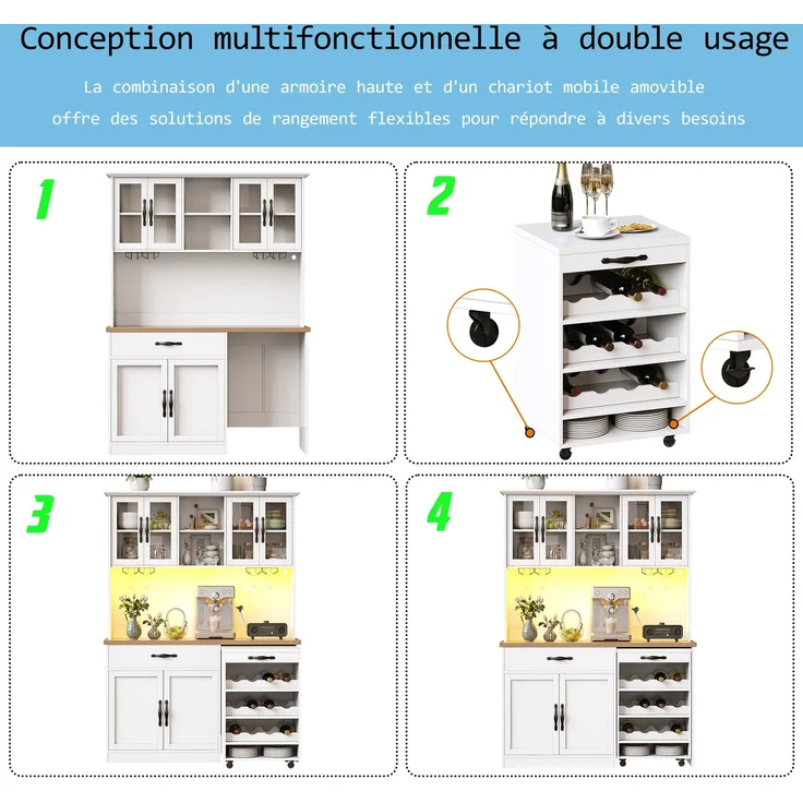 TavilaEcon Küchenbuffet 140cm Küchenschrank mit Rollwagen und LED-Beleuchtung weiß 180 × 38 × 140 cm (H × T × B) – Bild 2