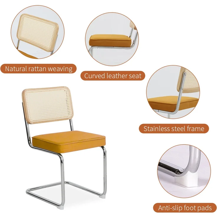 LVHOM Freischwinger 2er Set Esszimmerstuhl, Retro Küchenstuhl mit Chromgestell & Rattan-Rückenlehne, gepolsterter Samtsitz, stapelbar, moderne Wohnzimmerstuhl, Orange – Bild 3