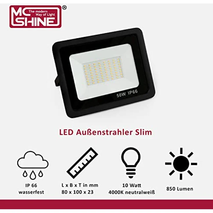 McShine LED Strahler Außen Scheinwerfer Slim, 10 Watt, 850 Lumen, neutralweiß 4000K, wasserfest IP66 mit Stativ für Einfahrt, Garage, Terrasse, Gartenweg – Bild 3
