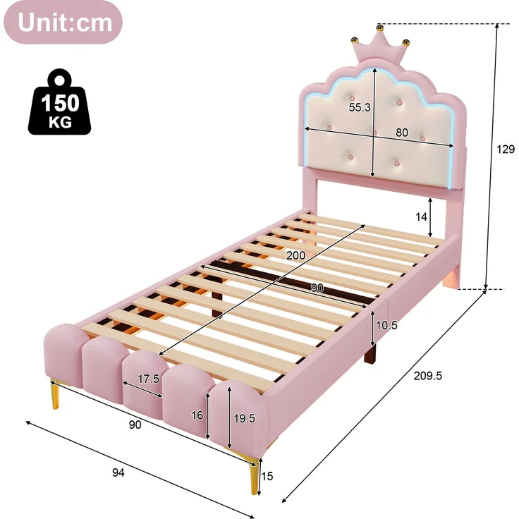 Prinzessinnenbett Kinderbett 90x200 rosa mit LED-Ambientebeleuchtung Metallfüße Kunstleder Polsterbett – Bild 5