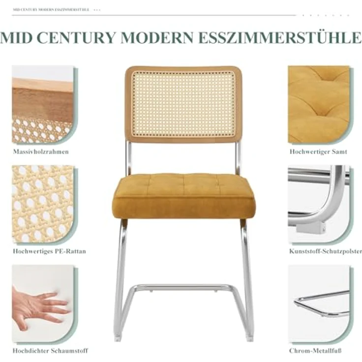 COLAMY Rattan Esstischstühle 2er Set, Samtbezug mit Metallgestell, Gelb – Bild 4