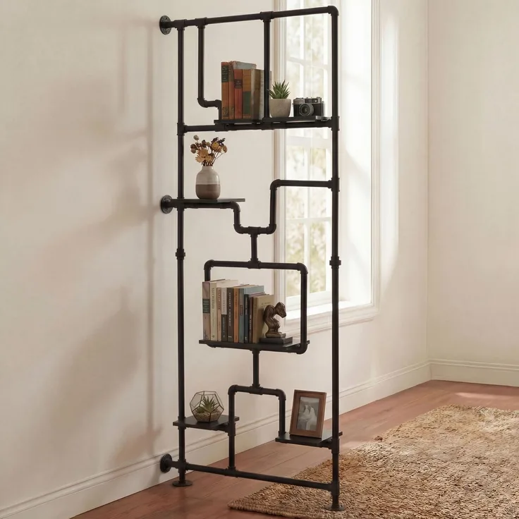 Raumteiler mit Regal HWC-P10, Wohnregal Ablageregal, Industrial Metall Melamin MVG 203x80x20cm ~ schwarz