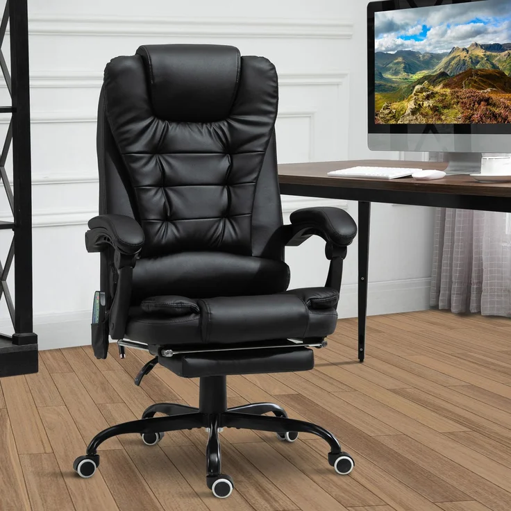 Massage-Bürosessel, Bürostuhl, ergonomischer Stuhl mit Höhenverstellung, neigbarer Rückenlehne und kabelgebundener Fernbedienung, ausziehbarer und um 360° drehbarer Fußstütze, schwarz – Bild 4