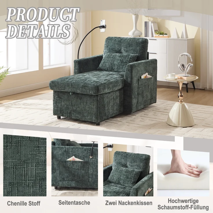 LVHOM Einzelsofa mit Handyhalterung, Polsterliege mit Bettkasten und Seitentaschen, Relaxsessel Schlafsofa mit versteckten Stauraum – Bild 3