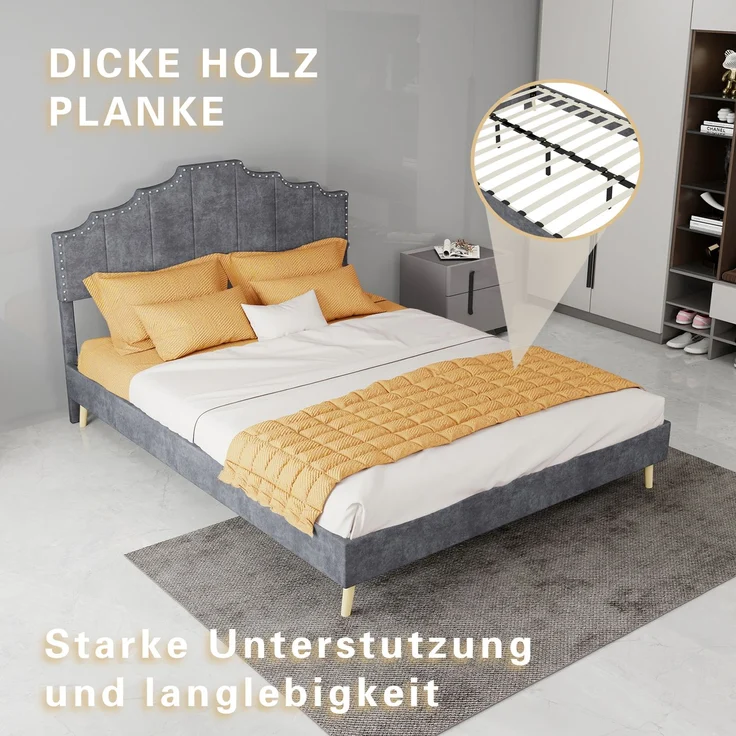 EINHOM Polsterbett 140 x 200 cm, Modernes Minimalistisches Bett, Weiches Kopfteil, Niedriges Bettgestell ohne Gasdruckfeder, Multifunktionale Schlafzimmermöbel, Grau, (Ohne Matratze) – Bild 7