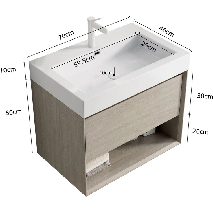 Badmöbel-Set, H 60 x T 70 x B 46 cm, mit Resin-Waschbecken und Schrank in heller Eichenoptik – Bild 5