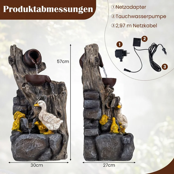 4-Stufiger Gartenbrunnen mit LED-Beleuchtung Dekorativer Zierbrunnen mit Entenmotiv 30 x 27 x 57 cm SH1600 – Bild 2