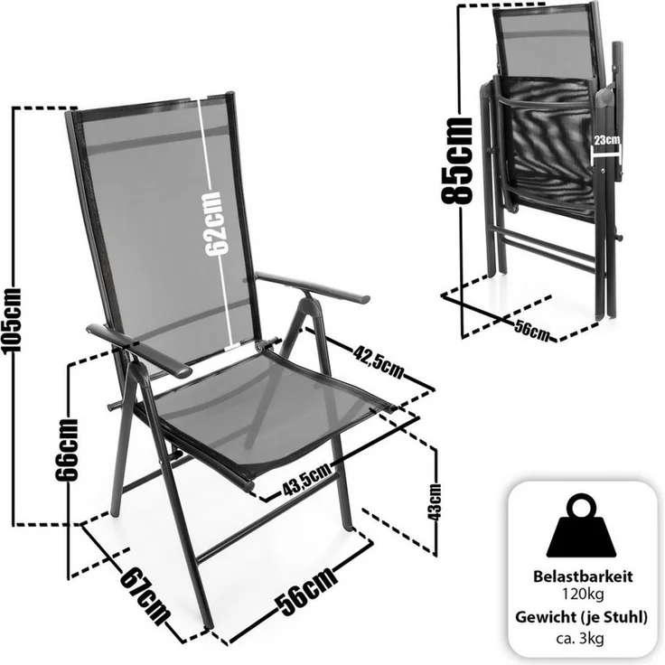 BigDean 2 Stück Gartenstühle dunkelgrau 120 kg belastbar - Balkonstühle Gartenstuhl - Klappstuhl mit 7-fach Verstellbarer Rückenlehne - hochwertiger Campingstuhl für Balkon, Garten & Terrasse – Bild 2