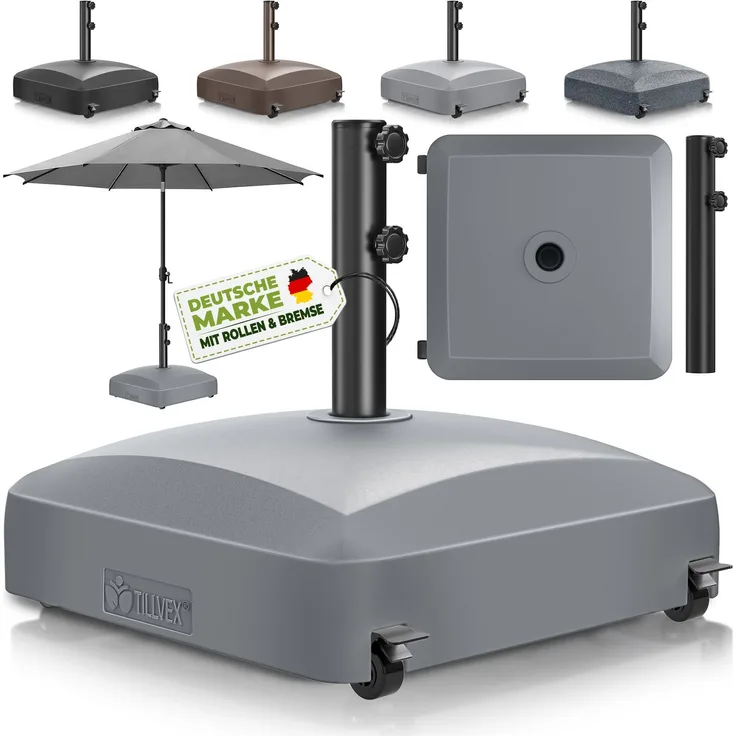 tillvex® Sonnenschirmständer PAVERA mit Rollen & Bremsen Grau | Schirmständer befüllbar 37 Liter / 56 kg | Schirmgewicht Sonnenschirm & Marktschirm Ø 1,8-3,7m | Ampelschirmständer wetterfest