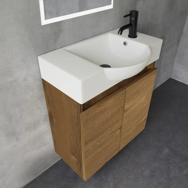 Alpenberger Badmöbel-Set Gäste WC Waschbecken mit Unterschrank 55 cm Breit, (Badschrank Klein, Badmöbel Set Eiche), Waschbeckenunterschrank mit Waschbecken – Bild 5