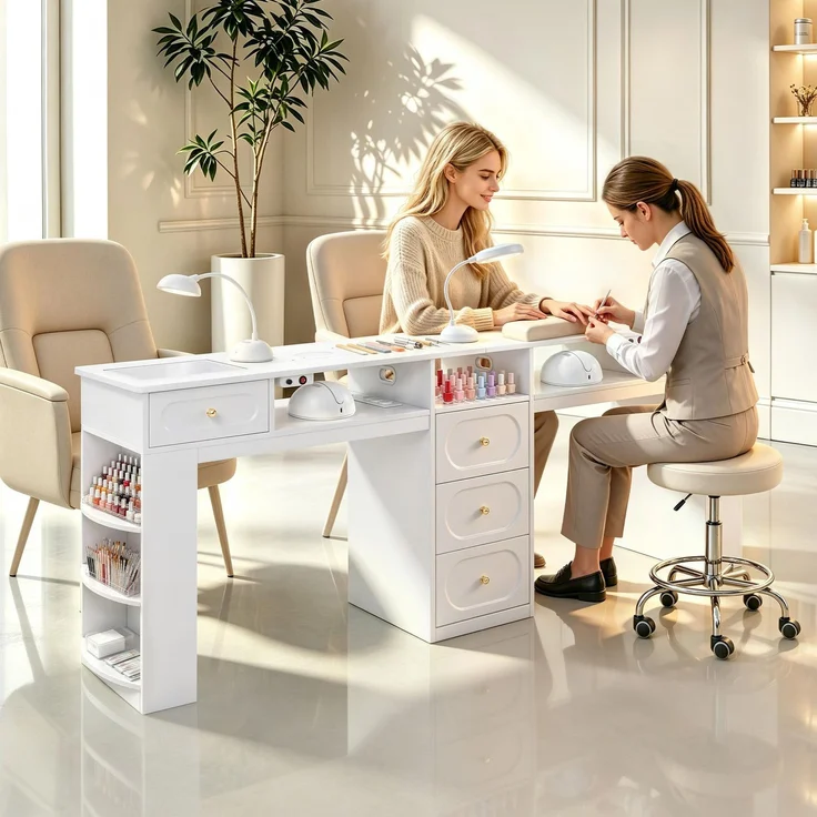 Barberpub Doppelnageltisch mit 5 Schubladen, 2 Regalen, 3 Ablagen & 2 Glasplatten, Manikürtisch mit 2 Absaugungen, Nagelfrisiertisch Holz, Schreibtisch für Nagelstudio Weiß, 2S-2442 – Bild 2