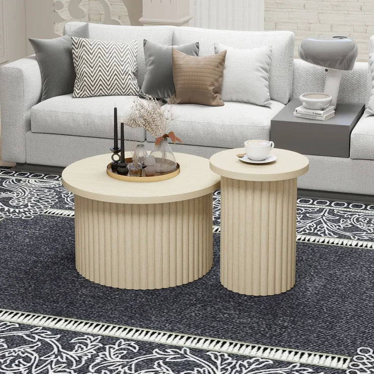 Rundes Couchtisch-Set im 2er-Pack–MDF mit natürlicher Holzoptik,Ø 68.7cm & Ø 40.1cm,stabil und modern – Bild 2