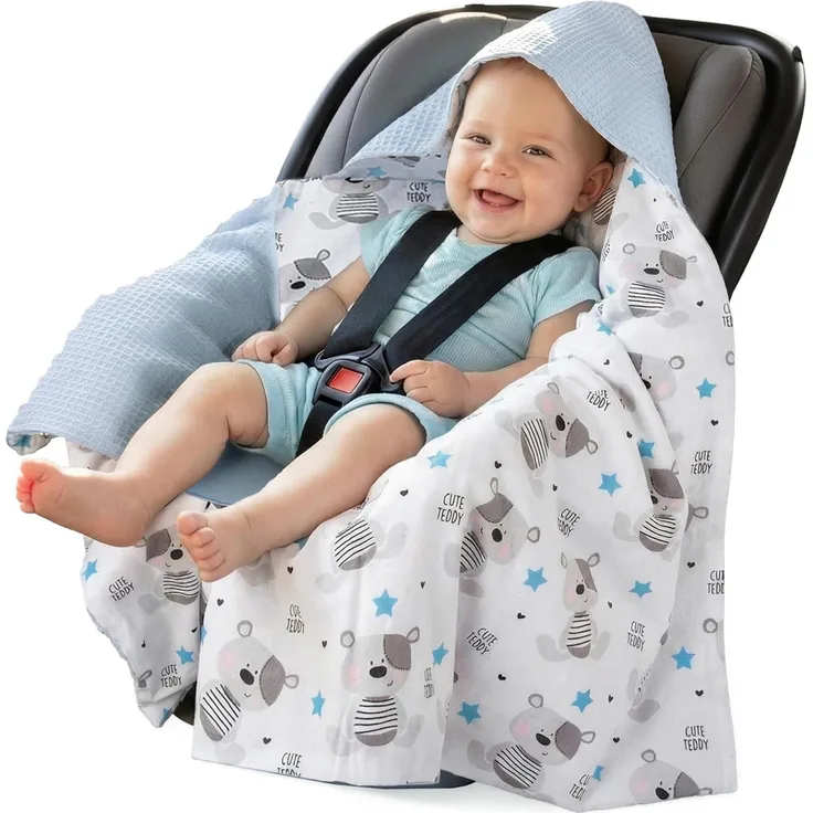 Medi Partners Einschlagdecke Baby Babyschale 100% Baumwolle für Sommer 85x85 cm Kinderwagen Kuscheldecke universal Baby Decke Einschlagdecken Babydecke Buggy Autositz (Teddybär mit hellblauen Waffel)