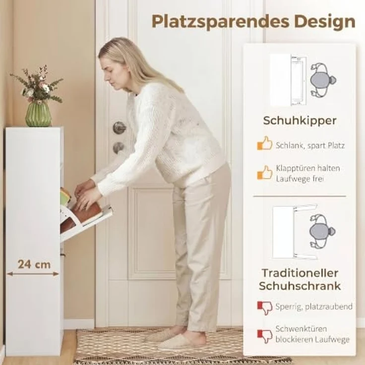 HOMCOM Schuhschrank mit 2 Klappen 2 Türen für 12-16 Paar 80x24x102,5cm Weiß | Schmal Schuhkipper, Ablagefläche, Schuhkommode, für Flur, Eingang – Bild 4