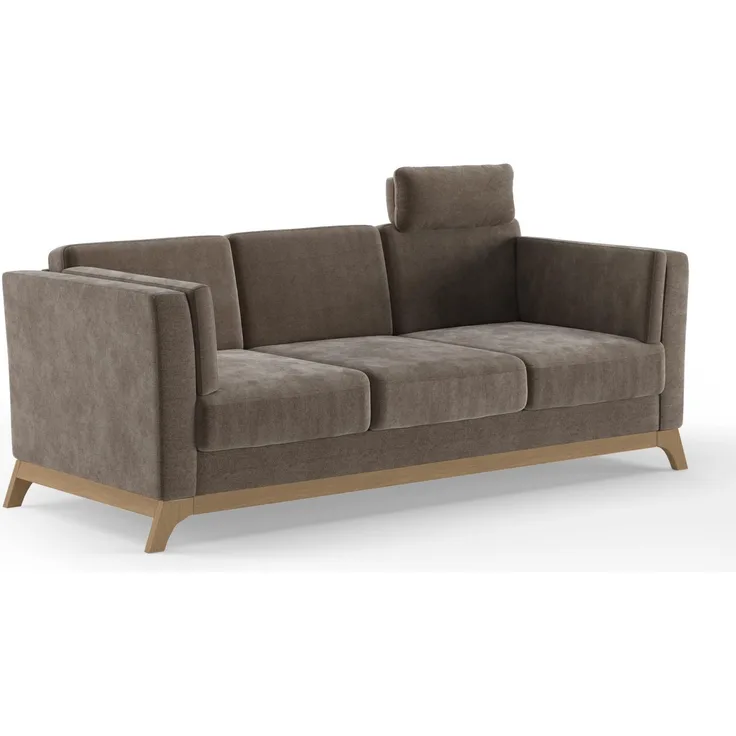 Cavadore 3er-Sofa Vida / 3-Sitzer Couch im trendigen Design mit massivem Holzrahmen in Buche, Kopfstütze mit Kuschelkissen / 213 x 84 x 93 / Mikrofaser, Graubraun