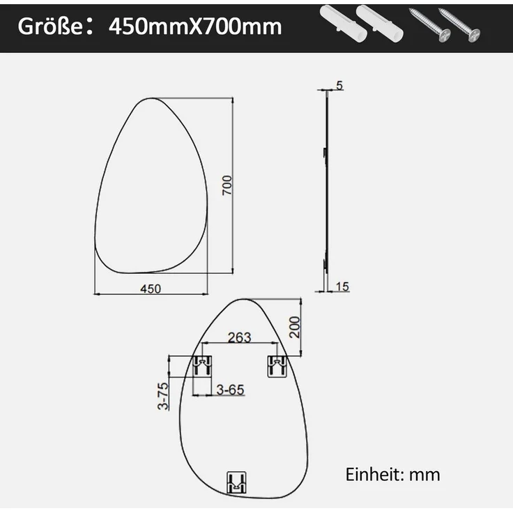 Hopibath Dekospiegel Wandspiegel Flur Asymmetrisch Spiegel Schminkspiegel Rahmenlos Modern (Badspiegel Flurspiegel Türspiegel, 1-St, Wassertropfen 65x90cm, 45x70cm), mit Metall Haken – Bild 3