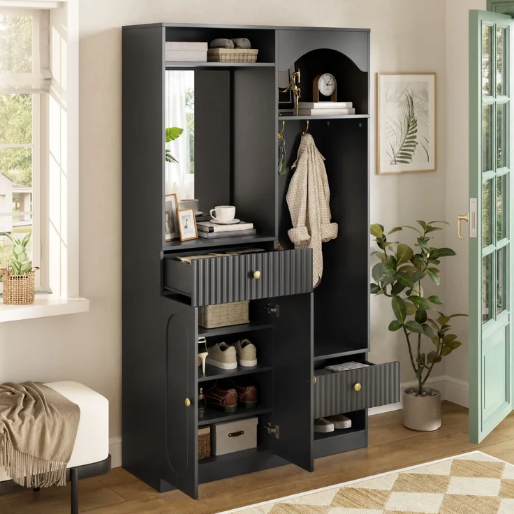 Faumrta Kompaktgarderobe mit Spiegel und Sitzbank,Flurgarderobe mit Schuhschrank und Haken, Kleiderhaken,Kompaktgarderobe,Flurmöbel Set,Flurgarderobe,LED-Streifen mit einstellbarer Farbe100CM*35CM*180CMSchwarzMDF (Medium-Density-Faserplatte) – Bild 8