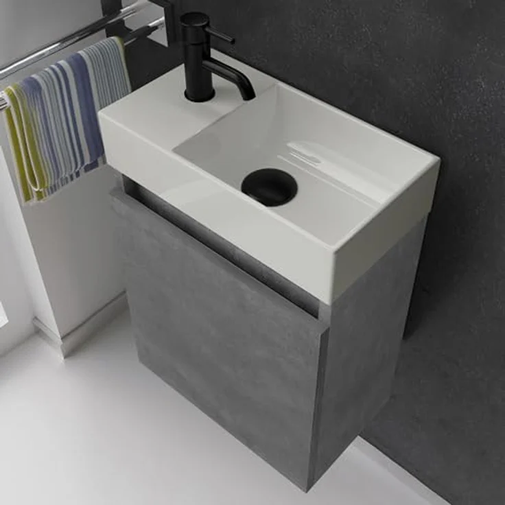 Alpenberger Badmöbel-Set Gäste WC Waschbecken mit Unterschrank - Badschrank Hängend, (Hängeschrank mit Softclose, Waschtisch mit Unterschrank Cement), Gäste WC Möbel - Kleiner Badezimmerschrank Vormontiert – Bild 4