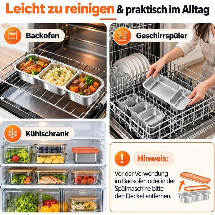 Fyrove Lunchbox aus Edelstahl, Brotdose, Snackbox mit Fächern, 2 Stück, (auslaufsicher, BPA-frei, lebensmittelecht, leicht, tragbar, 2 Stück – 1x2 Fächer + 1x3 Fächer), für Schule, Kindergarten, Arbeit, Camping, Frühstücksdose, Essenbox – Bild 4