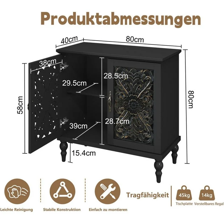 HOLTICO Kommode Vintage Sideboard Buffet Schrank mit Hohle Blumenschnitzerei (1 St), Akzent Schrank Holz Kommoden & Sideboards – Bild 2
