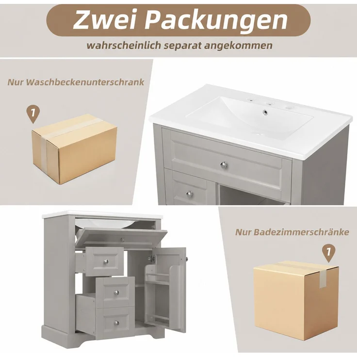 76x46x87cmBodenstehender Badezimmerschrank mit Waschbeck, Waschtisch, feuchtigkeitsbeständig lackiert, Soft-Close-Schubladenführungen, Türregale,ausklappbare Schublade,verstellbare Ablagefläche, grau – Bild 10