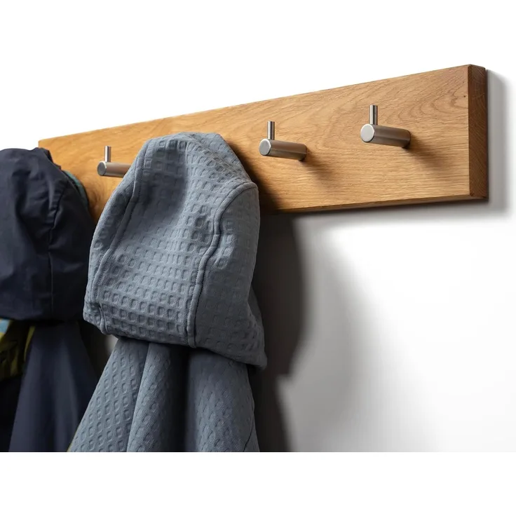 Woods Hakenleiste Garderobe Holz massiv I Garderobenleiste Landhaus I moderne Wandgarderobe aus Holz handgefertigt in Bayern I Handtuchhalter I Garderobenpaneel (55cm (5 Haken), Eiche, Edelstahl Haken)
