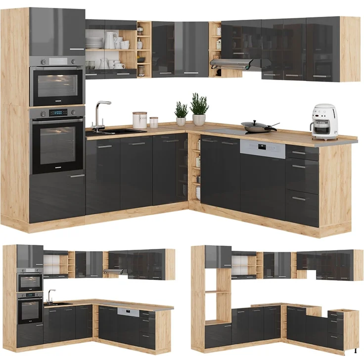 Eckküche R-Line Anthrazit Hochglanz/Goldkraft Eiche 247 x 46 cm ohne Arbeitsplatte Vicco – Bild 6