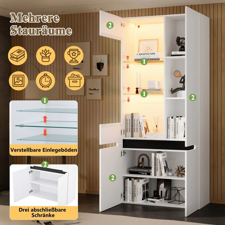 ZUBALIYA Vitrine 80x35 cm mit LED-Beleuchtung mit Sicherheitsgeländer in Weiß, ideale Lösung für kleine Räume, robuste Verarbeitung, langlebige Materialien, einfache Selbstmontage – Bild 22