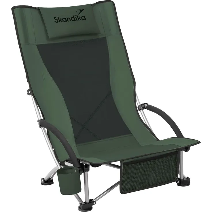 Skandika Strand Klappstuhl Beach | Bequemer Strandstuhl mit atmungsaktivem Mesh, Getränkehalter, niedrig, leicht zu transportieren, max. 136 kg | Faltbarer Campingstuhl, Liegestuhl (schwarz/grün)