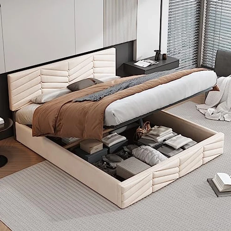 FAVSH Polsterbett 140x200 cm, Hydraulisch Doppelbett mit Lattenrost und Bettkasten, Streifen-Stil, Continentalbett, Samt Continentalbett, für Erwachsene&Jugendliche, ohne Matratze, Beige – Bild 1